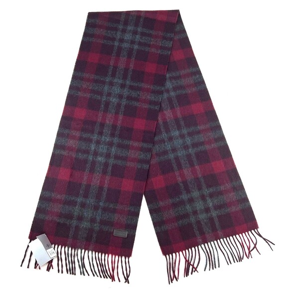 Hickey Freeman Mens Plaid Cashmere Fringed Scarf Burgundy Red New - Picture 1 of 7
